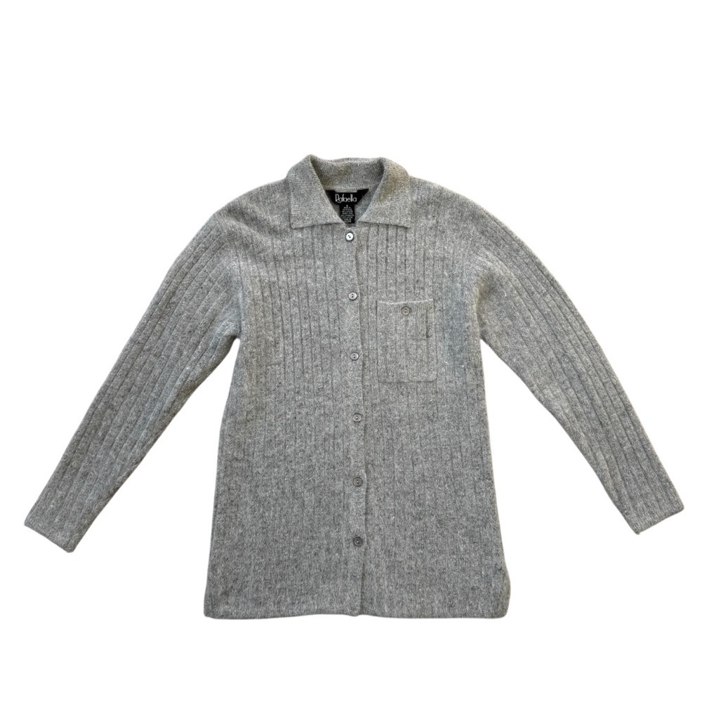 Rafaella Angora and Lamb's Wool Soft Gray Ribbed Button Up with Pocket Sz Small